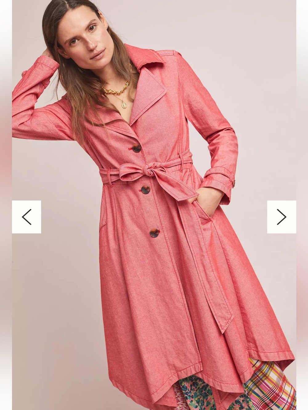 Anthropologie Elle Trench Coat XS Coral Linen Cotton Handkerchief Hem Boho
